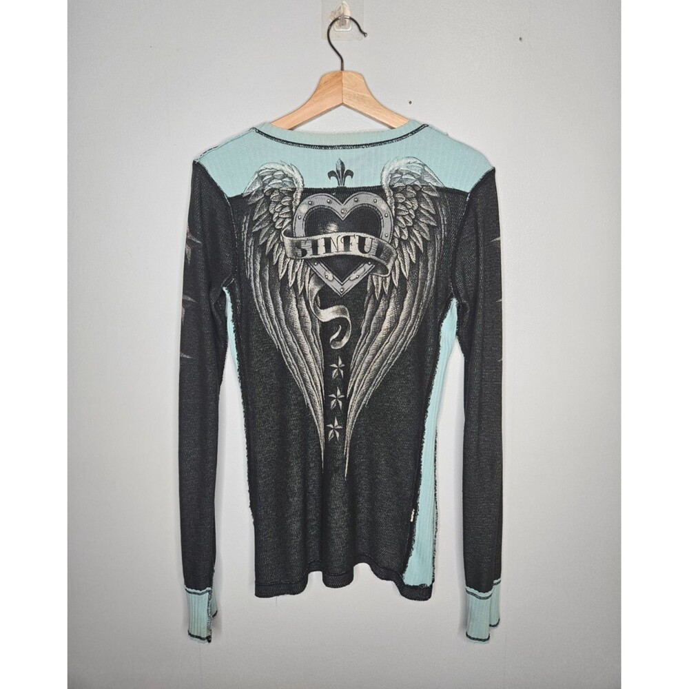 SINFUL by Affliction Y2K Reversible Thermal Top L Angel Wings Tattoo Alt Grunge